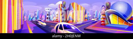 Future city with modern flying cars of unusual shapes. Automobile drive road and futuristic glass buildings. Alien urban architecture skyscrapers or fantasy cityscape cartoon vector illustration. Stock Vector
