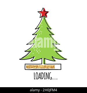 Line Christmas tree with red star on top and golden loading bar Stock Vector