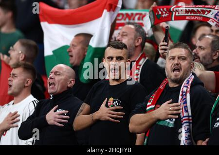 London, England, 12th October 2021.  Hungary fans during the FIFA World Cup qualifiers match at Wembley Stadium, London. Picture credit should read: David Klein / Sportimage Stock Photo