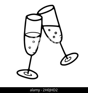 Two Clinking Festive Doodle Style Champagne Glasses Stock Vector