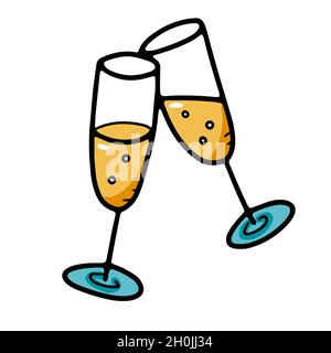 Two Clinking Festive Doodle Style Champagne Glasses Stock Vector