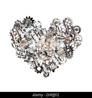 Detailed clockwork mechanism with glossy metallic steampunk cogwheels in heart shape on white Stock Vector