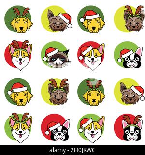 Dogs and cat in christmas hat seamless pattern Stock Vector