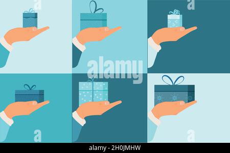 Christmas set with hands holding various gift boxes. Exchange of Christmas gifts Stock Vector