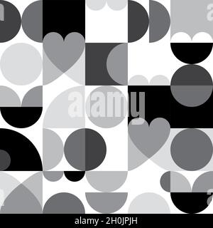 Mid-century modern 60's and 70's style vector seamles pattern - retro minimalist geometric textile or fabric print with hearts in black and white Stock Vector