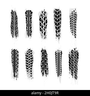 Largest set of realistic grunge wheel tires traces, car tread tracks on white Stock Vector