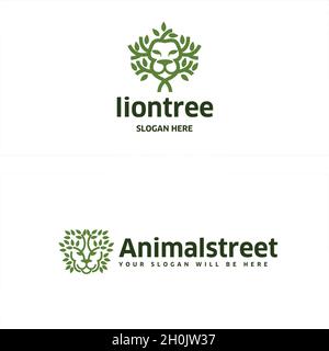 Modern animal lion tree branch leaf logo design Stock Vector