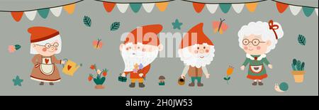 Cute set of hand drawn flat little gnomes Stock Vector