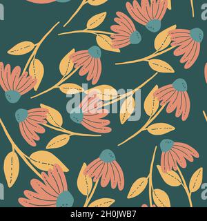 Seamless pattern of sunflower. Wild flowers friend. Summer concept. Retro pattern. Close to nature. Big flowers Stock Vector