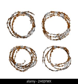 Set of different realistic hanks of metal glossy barbed wire with red rust on white Stock Vector