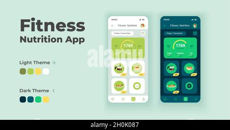 Fitness nutrition app cartoon smartphone interface vector templates set Stock Vector