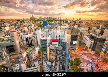 Shibuya Crossing from top view at twilight in Tokyo, Japan Stock Photo