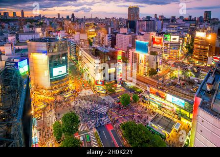 Shibuya Crossing from top view at night in Tokyo, Japan (slow shutter ...