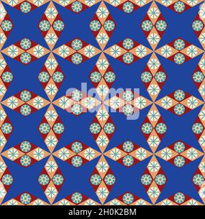 Abstract star shaped seamless vector pattern background. Azulejo style backdrop with diamond, rhombus shapes, celestial motifs. Blue red white moorish Stock Vector