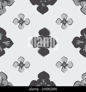 Medieval rose vector pattern seamless background. Azulejo tile style grey, black, white backdrop of hand drawn stylized flower motifs. Geometric Stock Vector