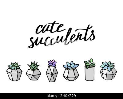 Set of succulents cactus houseplants in grey flower pots. Vector icons on white background Stock Vector
