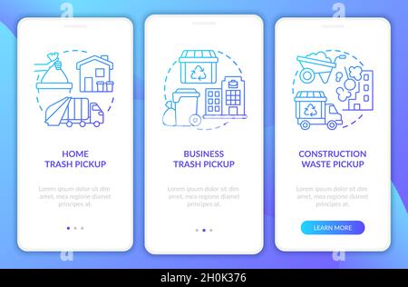 Waste collection and pickup blue gradient onboarding mobile app page screen Stock Vector