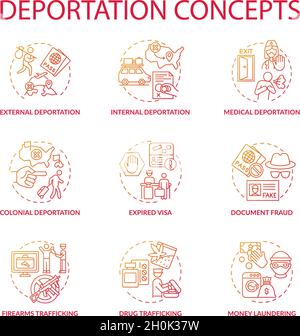 Deportation gradient red concept icons set Stock Vector