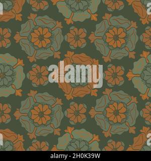 Medieval rose vector pattern seamless background. Azulejo tile style backdrop of hand drawn flower motifs. Earth sage green and ochre. Geometric Stock Vector