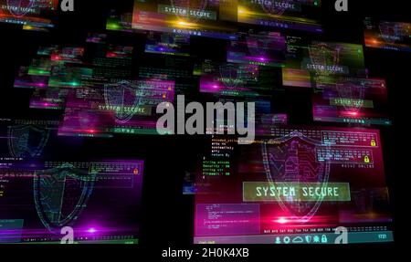 Cyber security with shield symbol alert on computer screens. Internet safety, firewall, system secure and computer protection 3d abstract concept illu Stock Photo