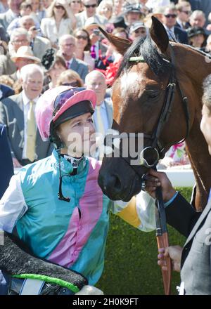 Frankel and Jockey Tom Queally after winning The Qipco Sussex Stakes at Glorious Goodwood Festival. Goodwood Racecourse, Chichester. Stock Photo