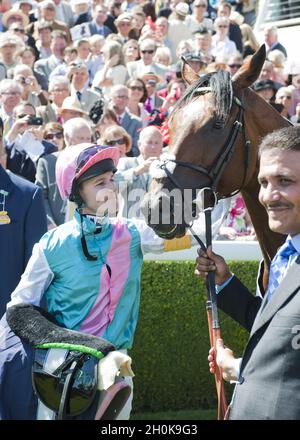 Frankel and Jockey Tom Queally after winning The Qipco Sussex Stakes at Glorious Goodwood Festival. Goodwood Racecourse, Chichester. Stock Photo