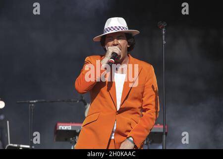 Archerio Mantovani of The Cuban Brothers performs live on stage at Bestival 2012, Robin Hill Country Park, Isle Of Wight Stock Photo