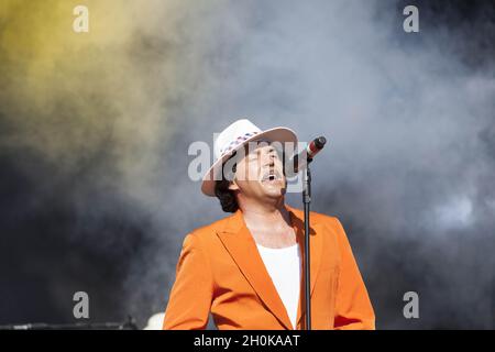 Archerio Mantovani of The Cuban Brothers performs live on stage at Bestival 2012, Robin Hill Country Park, Isle Of Wight Stock Photo