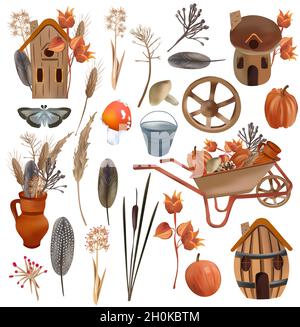 Autumn Collection kind of dry herbs, pumpkin, forest mushrooms, Feathers, Autumn houses, cart with pumpkin, pine cone, bouquets dry herbs, straw, birdhouse, on a white background. Vector icons. Stock Vector