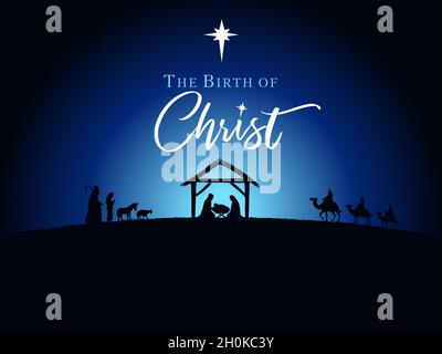 The Birth of Christ with shepherds and wise man. Nativity scene, silhouette Jesus in manger on night sky background. Christmas story Mary Joseph and b Stock Vector