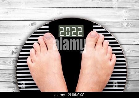 2022 feet on a weight scale, nutrition and diet new year card