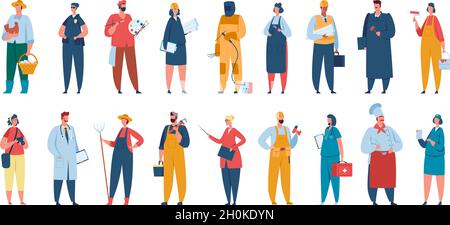 Professional workers in uniform, men and women with various occupations. Engineer, nurse, chef, policewoman, builder, farmer vector set. Career characters with different employment Stock Vector
