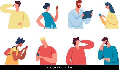 People with gadgets, young characters use mobile phones or tablets. Men and women talking on smartphone, texting, using social media vector set. Students chatting and using networks Stock Vector
