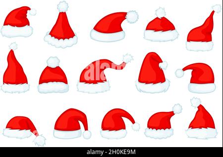 Cartoon santa claus hats, christmas red santas caps. Xmas photo booth props, winter holiday new year party costume elements vector set. Carnival or festival headdress isolated on white Stock Vector