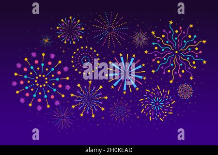 Fireworks in night sky, abstract holiday celebration background. Colorful salutes festive firework, holiday or birthday party vector illustration. New year or birthday event cartoon Stock Vector