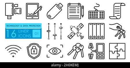 Data storage, protection and transmission technologies. Digital tablet, electronic, signature, keyboard, wireless, WiFi, flash card, card reader, adap Stock Vector