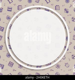 Circle frame, background on seamless pattern with doodle linear icons. Magnet, radiation, energy, kinetic, solar, battery. Media network posting back Stock Vector