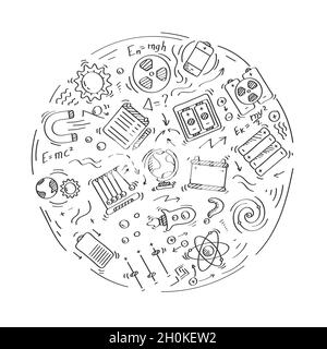 circle Set of doodle linear icons. Magnet, radiation, energy, kinetic, solar, battery, accumulator, atom, charge, university. Linear vector set Isolat Stock Vector