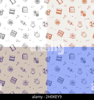 set of seamless patterns with doodle linear icons. Magnet, radiation, energy, kinetic, solar, battery. Ornament for decoration and printing on fabric. Stock Vector
