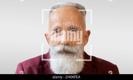 Old stylish man with beard, double exposure facial recognition Stock Photo