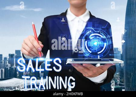 Conceptual caption Sales Training, Business showcase Action Selling Market Overview Personal Development Hand Touching Screen Of Mobile Phone Showing Stock Photo