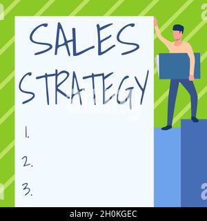 Text showing inspiration Sales Strategy. Concept meaning Plan for reaching and selling to your target market Marketing Man Standing Carrying Large Stock Photo