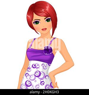BJD Style Redhead Doll in Purple Dress. Vector Illustration Character Stock Vector