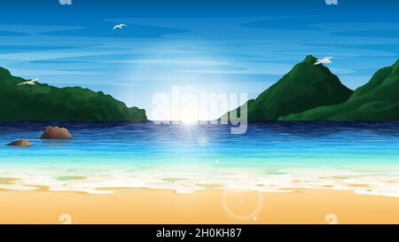 Beach bay landscape background with mountains, rocks and seagulls, at sunrise. Vector illustration Stock Vector