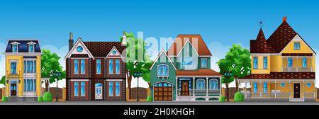 Victorian style houses with fences and trees Stock Vector