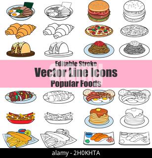 Editable Stroke Vector Line Icons - Popular Foods Pack Stock Vector
