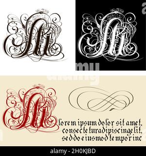 Decorative Gothic Letter M. Uncial Fraktur calligraphy. Vector Eps-8 separated by groups and layers for easy edit. Stock Vector