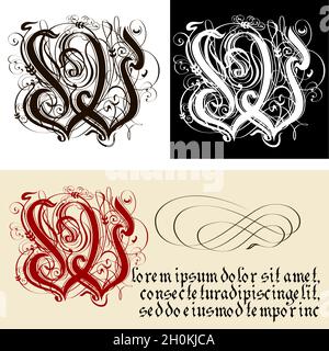 Decorative Gothic Letter W. Uncial Fraktur calligraphy. Vector Eps-8 separated by groups and layers for easy edit. Stock Vector