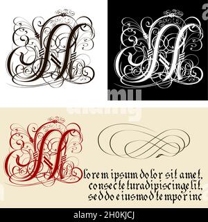 Decorative Gothic Letter N. Uncial Fraktur calligraphy. Vector Eps-8 separated by groups and layers for easy edit. Stock Vector