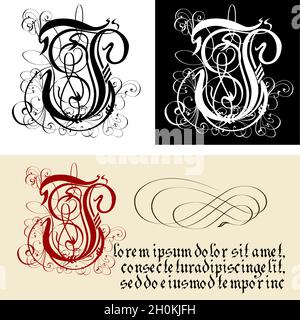 Decorative Gothic Letter J. Uncial Fraktur calligraphy. Vector Eps-8 separated by groups and layers for easy edit. Stock Vector